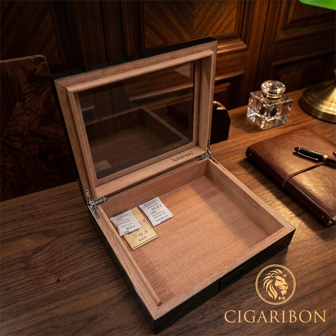CIGAR HUMIDOR BAHAN KAYU & KACA MOTIF CARBON YJA-60033