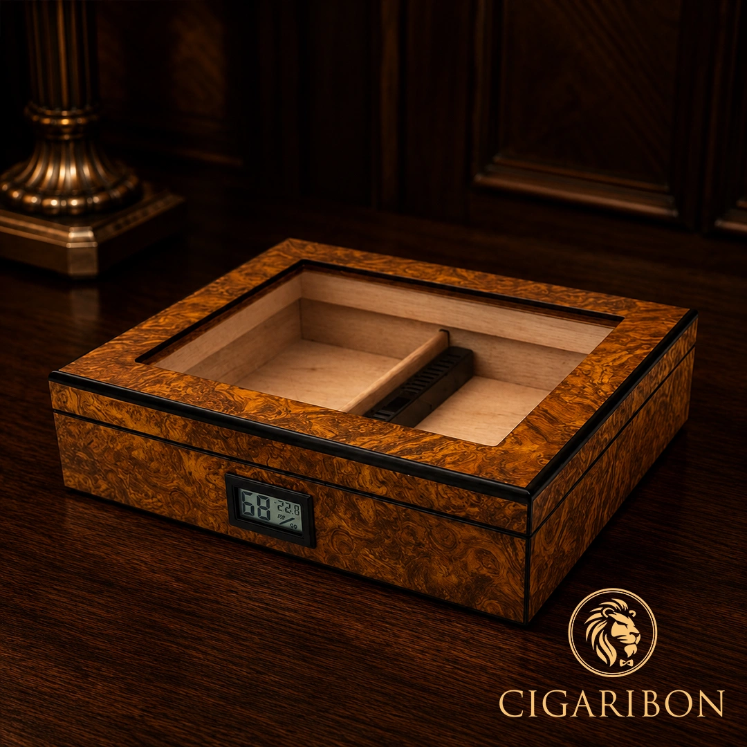 CIGAR HUMIDOR BAHAN KAYU & KACA MOTIF CARBON YJA-60021